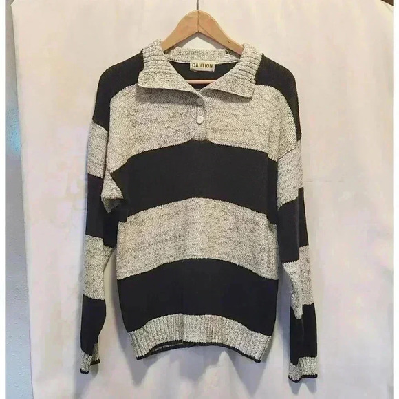 Caution Uni-Sex 1/4 Button-Up Collar Sweater Size LG Vintage Stripe Gray / Black - Picture 1 of 8